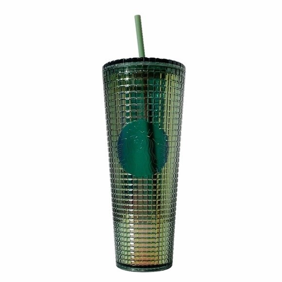 NWT Starbucks Iridescent Rainforest Grid Venti Cold Cup Lid Straw 2022 Tumbler - Picture 1 of 6